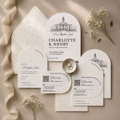 The Isabelle Collection Arched Invitation Suite in Black and Ivory